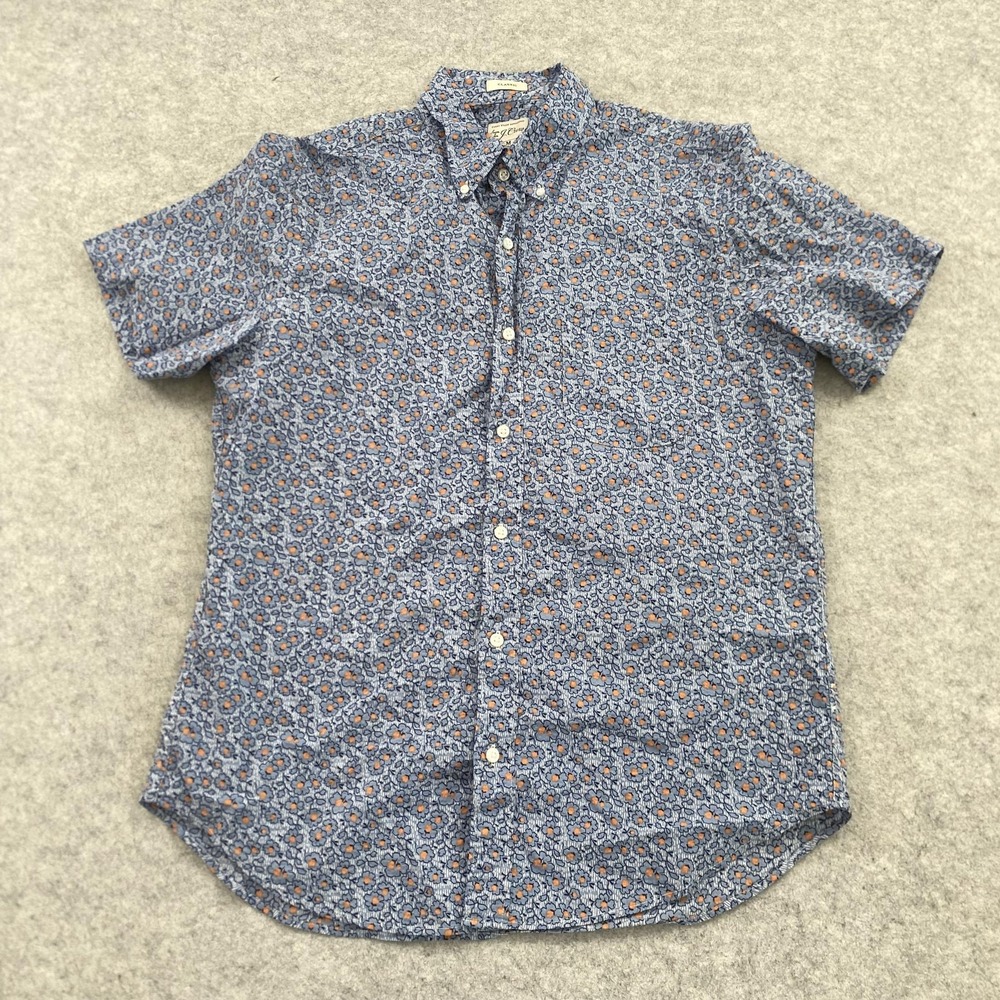 J Crew Shirt Mens Medium Blue Floral Short Sleeve Button Up Casual Cotton